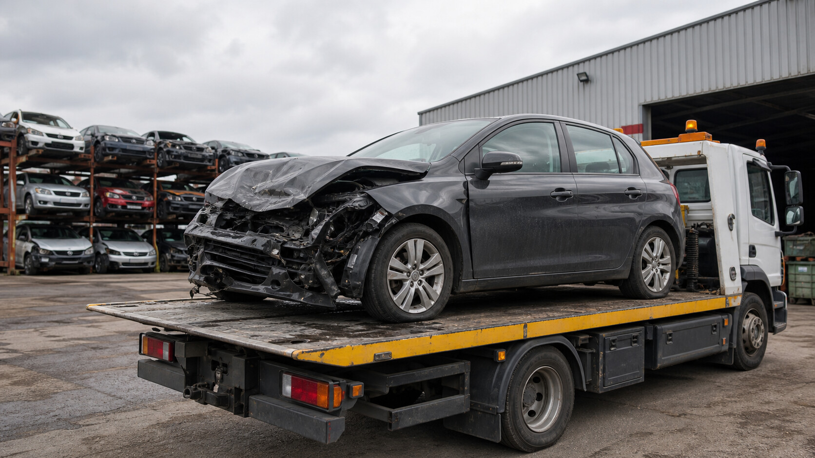 Voiture accidentée chargée sur une dépanneuse devant un centre automobile